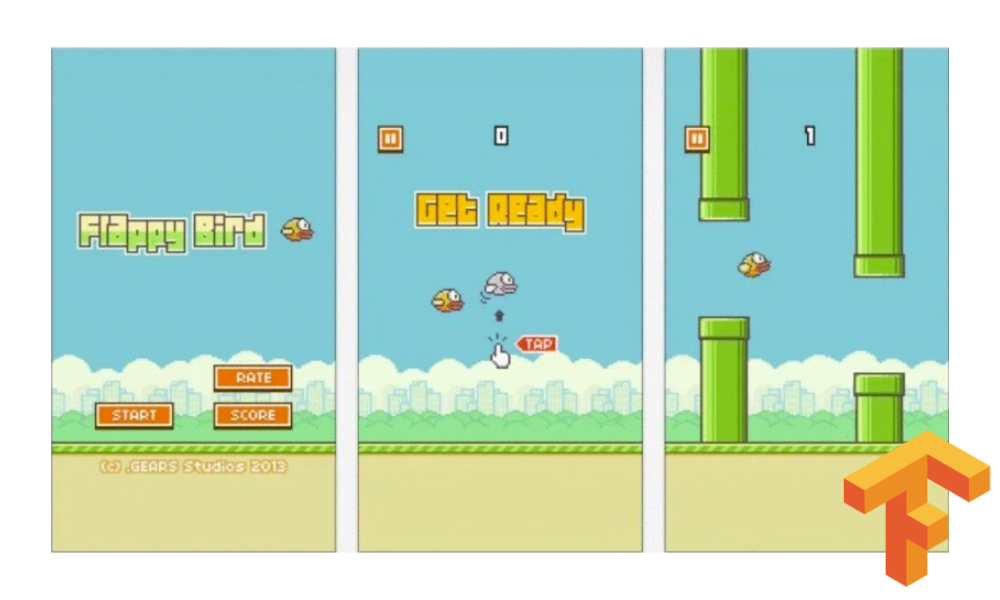 Screenshot of the game flappy bird with the TensorFlow logo overlaid